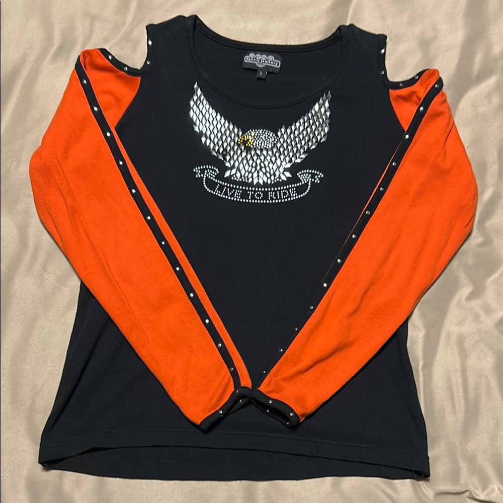 Orange and Black Women's Top with Eagle Design size L